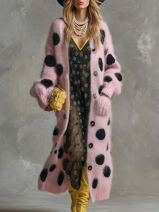 Pink Faux Rabbit Wool Long Sleeve Cardigan with Retro Polka Dot Design
