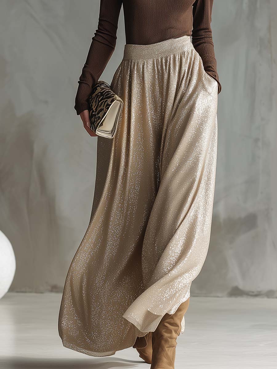 Chic Retro Brown High-Neck Sweater Paired with a Shimmering Silver Skirt