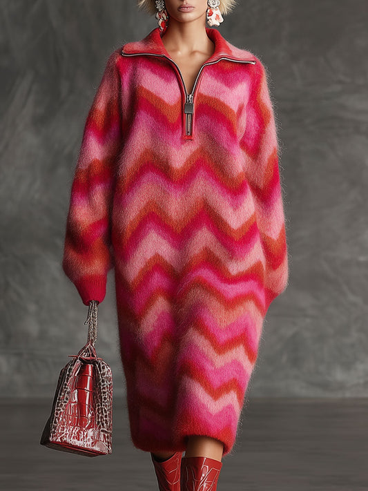 Vintage-Inspired Red and Pink Midi Dress with Zigzag Design and Collar