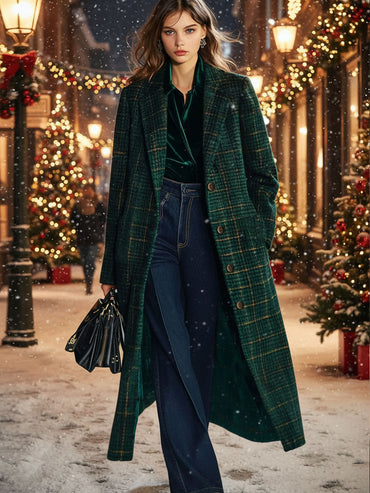 【24-Hour Shipping】Casual Loose-Fit Retro Check Wool Midi Coat with Pockets