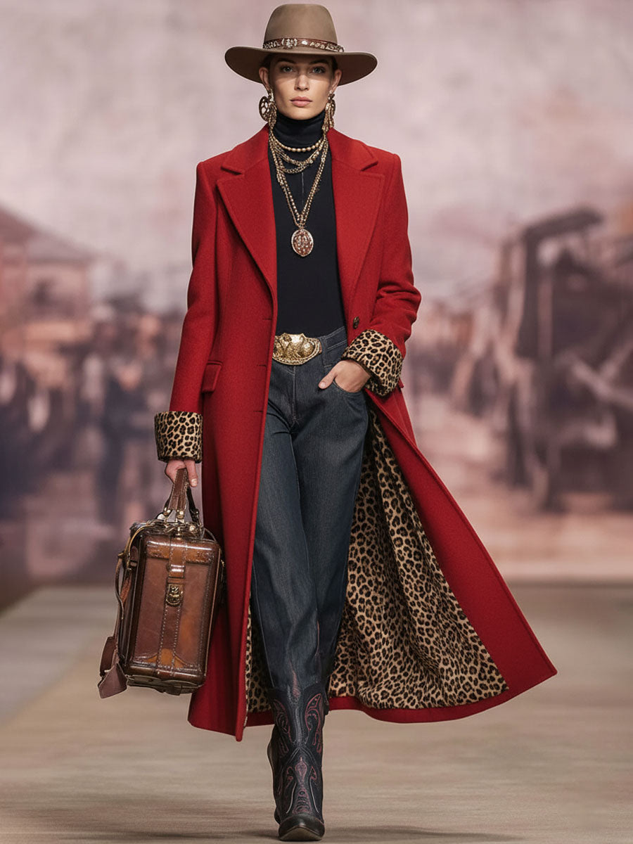 Leopard Print Wool Coat with Lapels - Single-Breasted Design