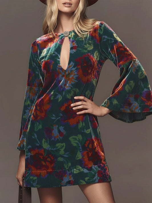 Vintage Floral Mini Dress with Flared Sleeves and Velvet Neckline Cutout