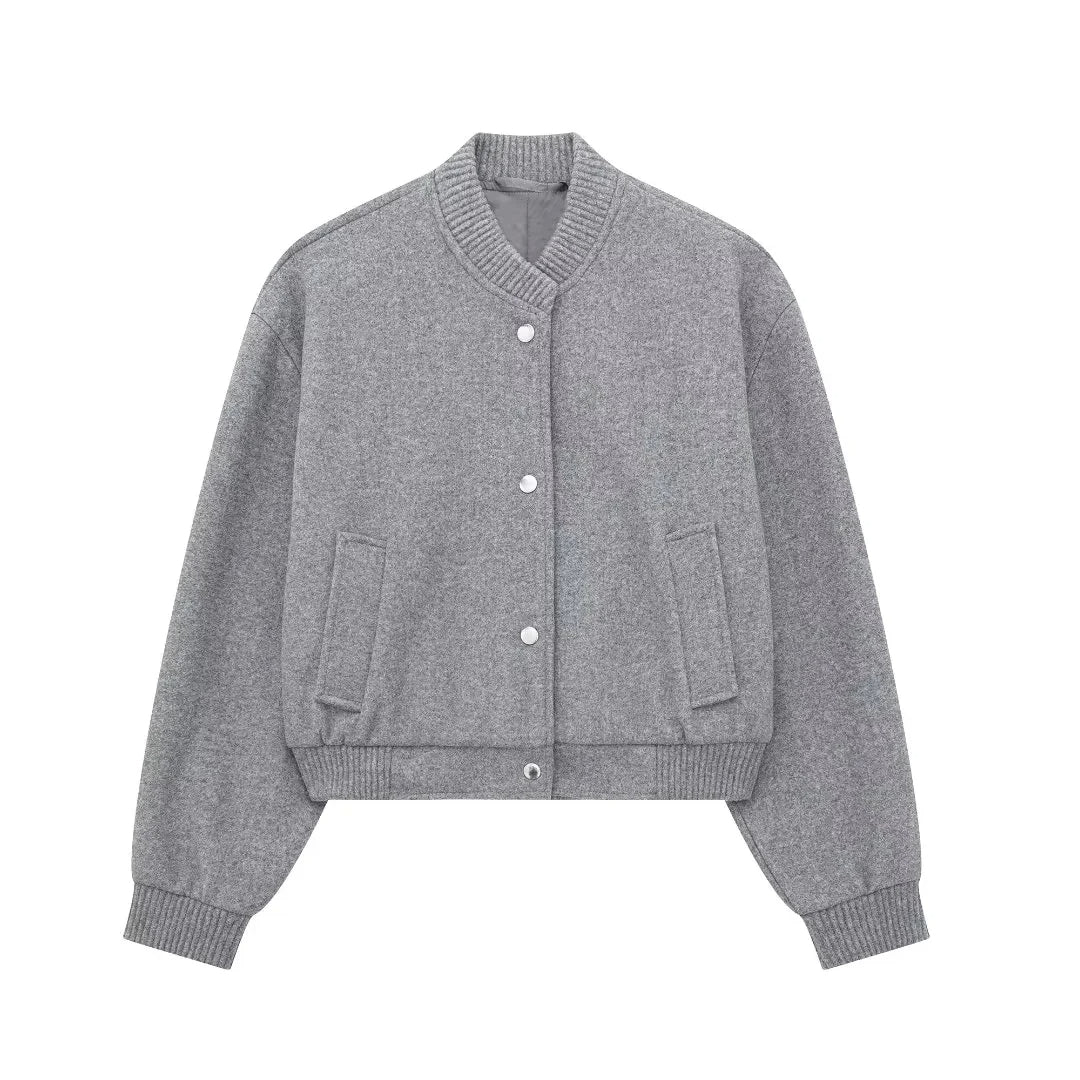 Chic Women's Wool Blend Bomber Jacket with Button Closure and Ribbed Cuffs