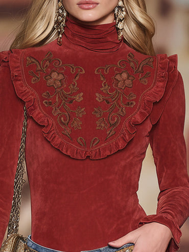 Vintage-Inspired Faux Leather Long Sleeve T-Shirt with Embroidered High Collar and Ruffle Details