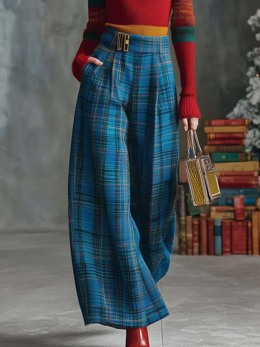 Versatile Wide-Leg Blue Check Trousers in Retro Style
