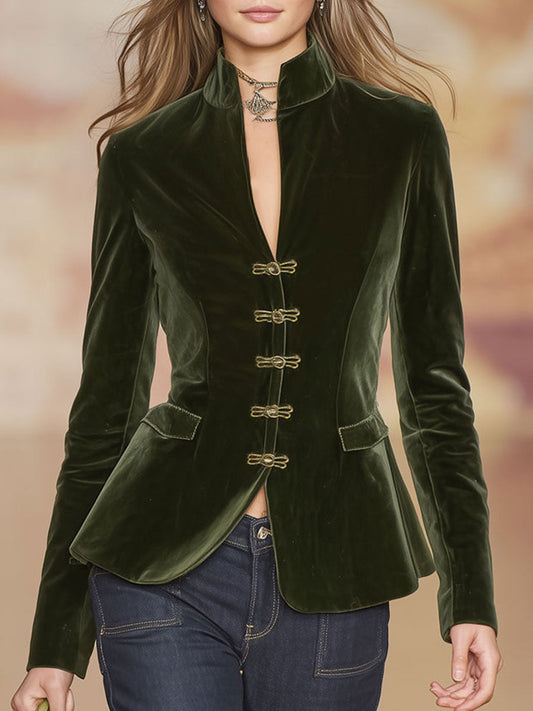 Chic Dark Green Velvet Retro Jacket with Elegant Gold Buttons