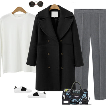 Women's Double-Breasted Long Wool Coat – Ideal for Fall