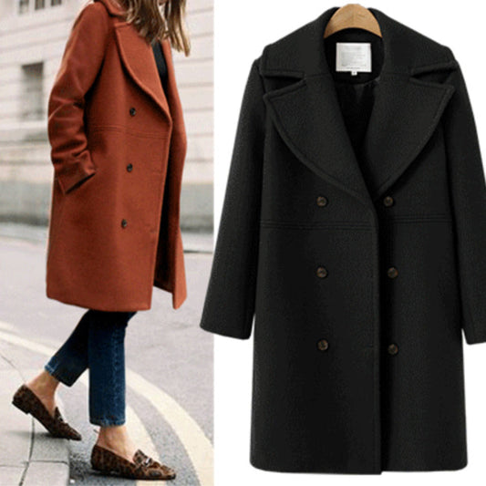 Women's Double-Breasted Long Wool Coat – Ideal for Fall