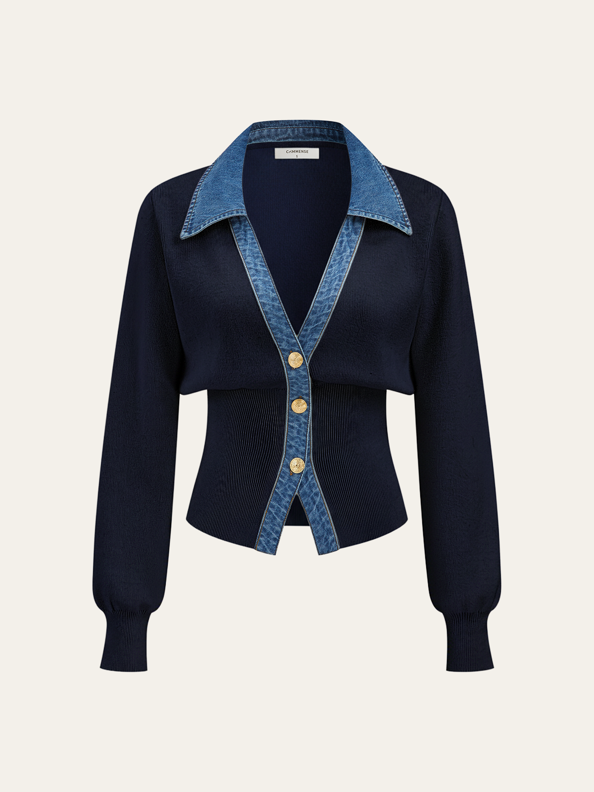 Demi | V-Neck Knit Top with Denim Collar and Metal Buttons