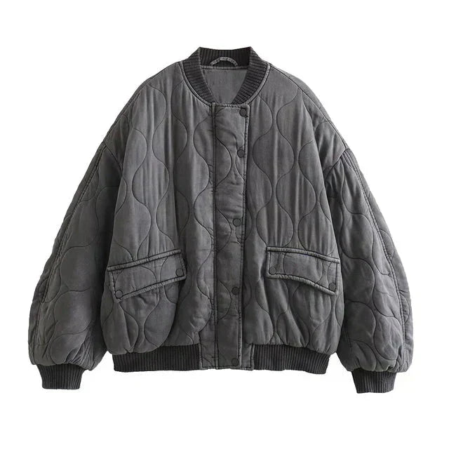 Women's Casual Quilted Bomber Jacket with Ribbed Collar