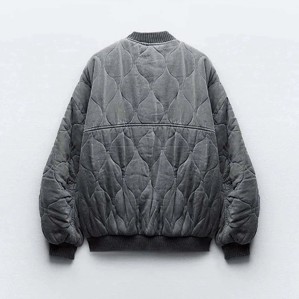 Women's Casual Quilted Bomber Jacket with Ribbed Collar
