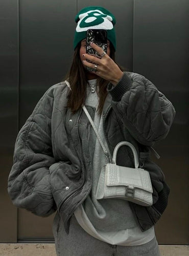 Women's Casual Quilted Bomber Jacket with Ribbed Collar