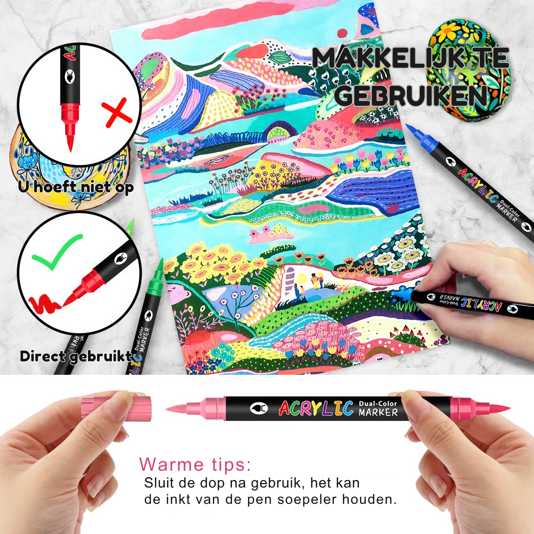 36 Double-Sided Acrylic Markers – 72 Vivid Colors, Non-Staining