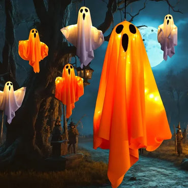 Illuminated White LED Ghosts for Halloween Home and Garden Decor