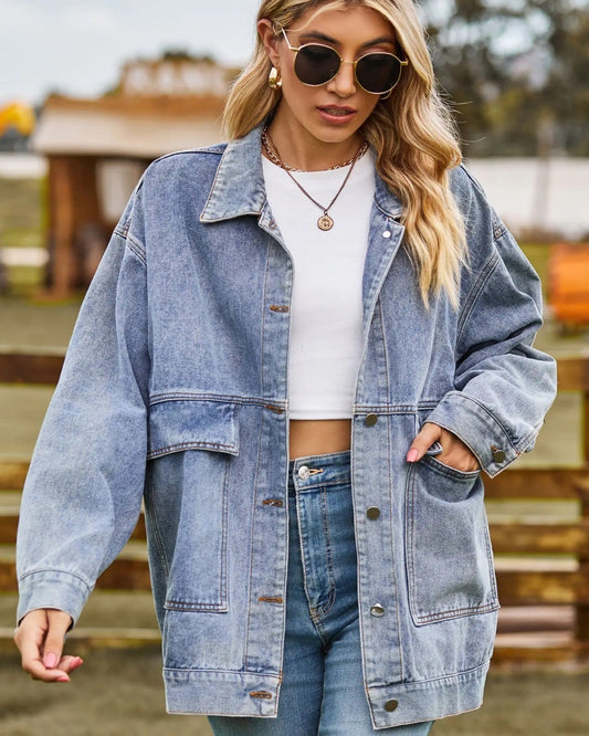 Stylish Oversized Denim Jacket with Button Fastening for Women