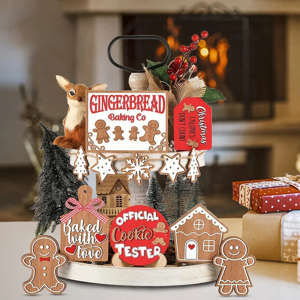 12-Piece Rustic Wooden Christmas Ornament Set – Perfect for Wall and Tray Home Decor