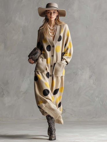 Retro V-Neck Polka Dot Dress in Yellow and Black with Beige Cardigan