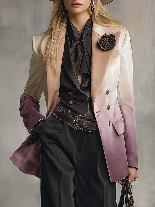 Chic Vintage Blazer with Peak Lapels and 3D Floral Accents in Beige-Purple Velvet Gradient