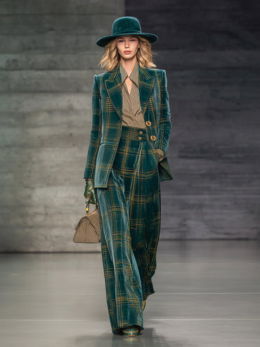 Chic Green Check Velvet Blazer with High-Waisted Wide-Leg Trousers