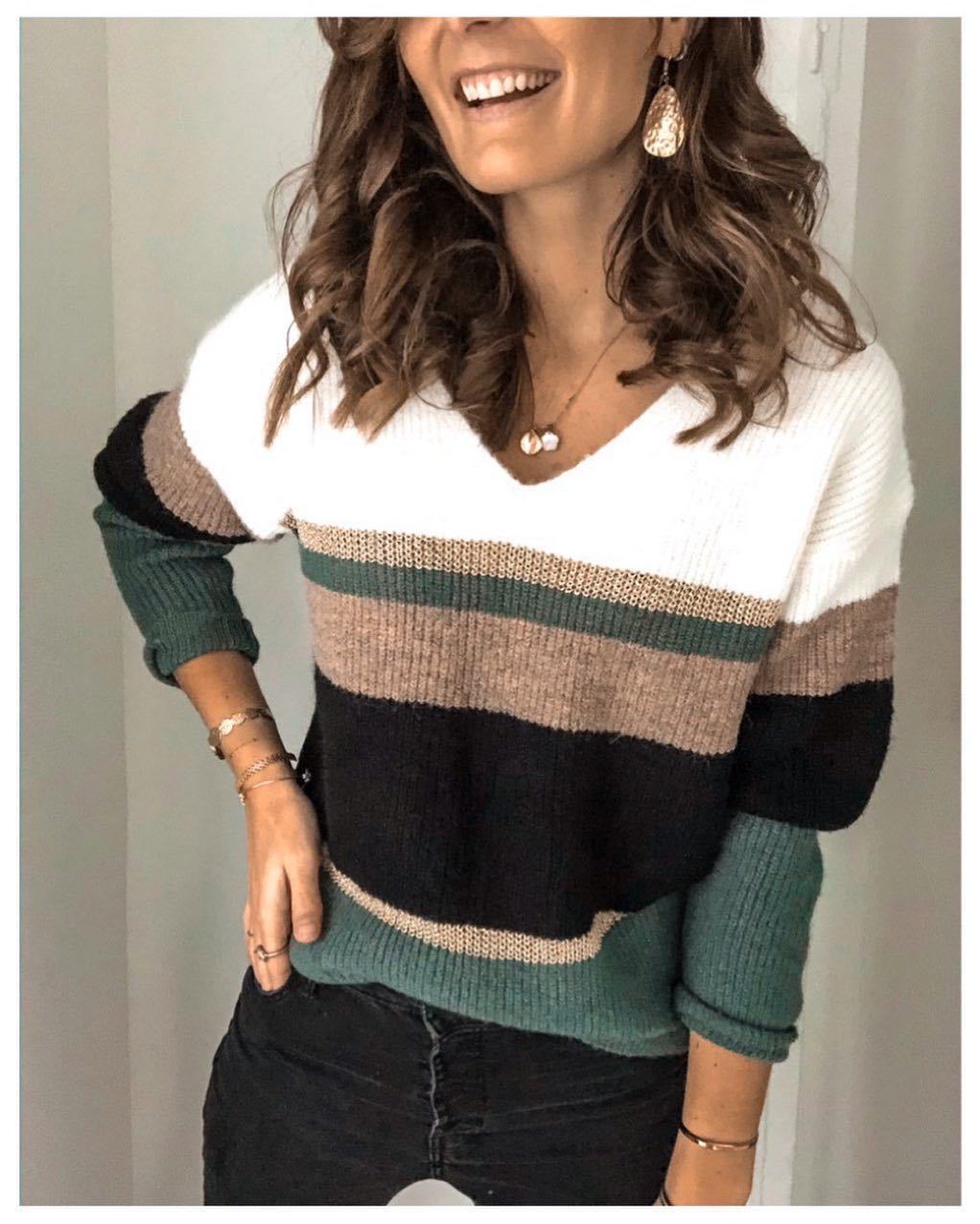 Deq | Women's Striped Sweater with Split V-Neck Detail