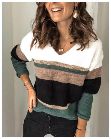 Deq | Women's Striped Sweater with Split V-Neck Detail