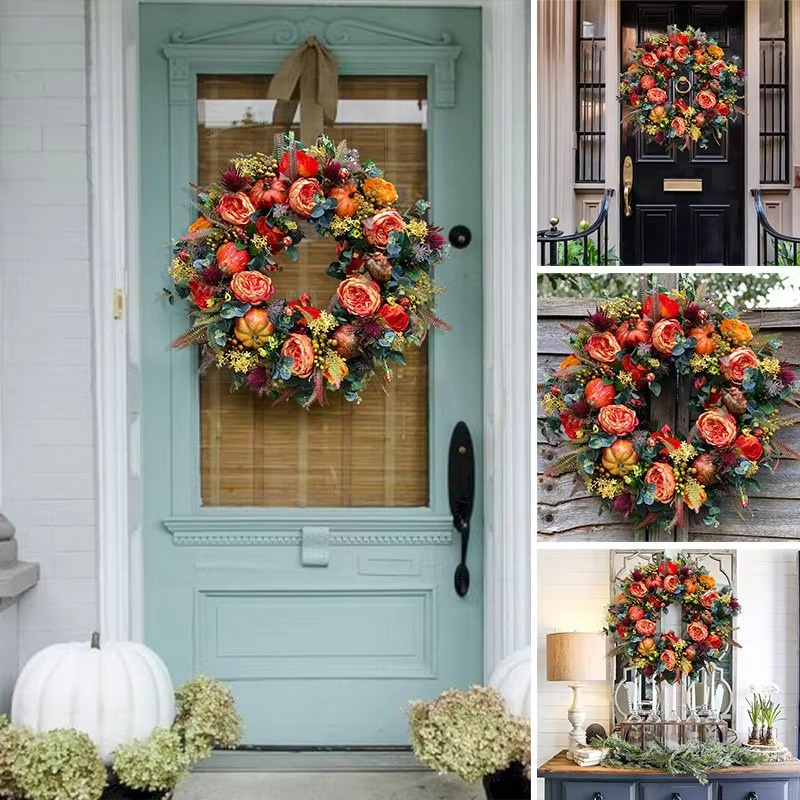 40 cm Autumn Wreath with Peony Flowers and Pumpkins for Door Decor