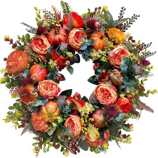 40 cm Autumn Wreath with Peony Flowers and Pumpkins for Door Decor