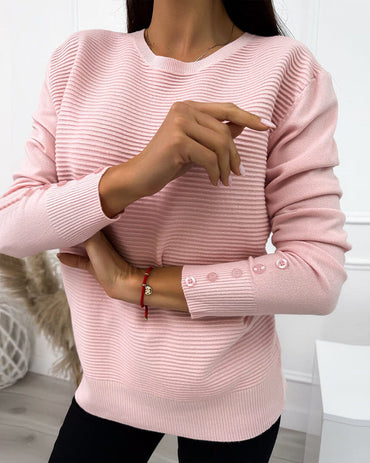 Round Neck Sweater with Button Accents