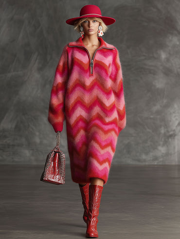 Vintage-Inspired Red and Pink Midi Dress with Zigzag Design and Collar