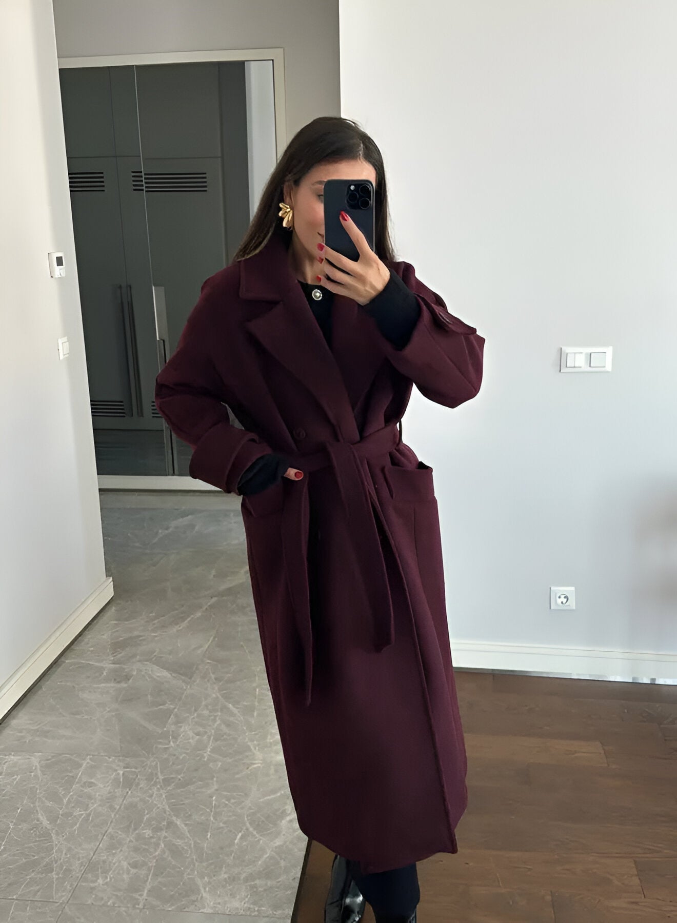 Burgundy Oversized Wool Jacket for Women - Classic Elegance