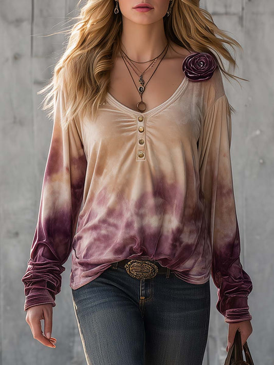Chic Vintage Top Featuring 3D Floral Design in Purple Tie-Dye and Luxurious Beige Velvet