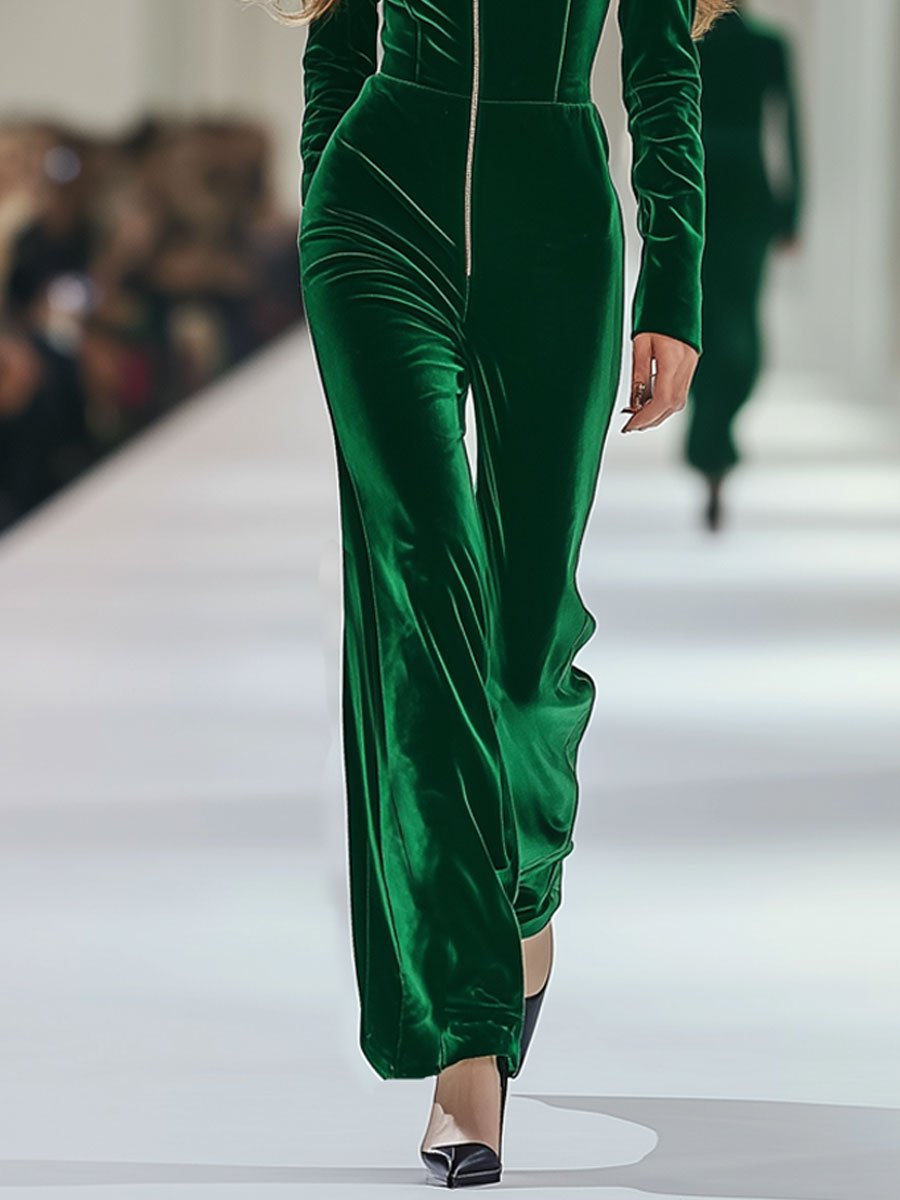 24-Hour Shipping: Relaxed Fit Retro Green Velvet Jumpsuit with Long Sleeves and Zip Closure