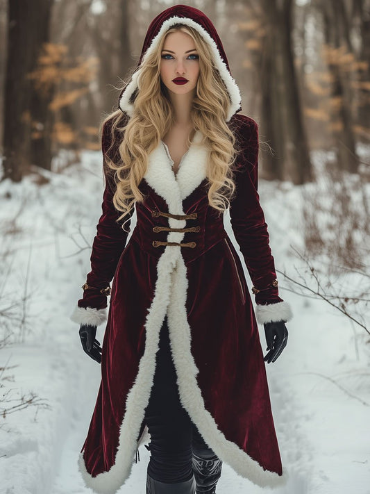 24-Hour Shipping: Vintage-Inspired Loose Midi Hooded Coat in Velvet and Wool with Pockets