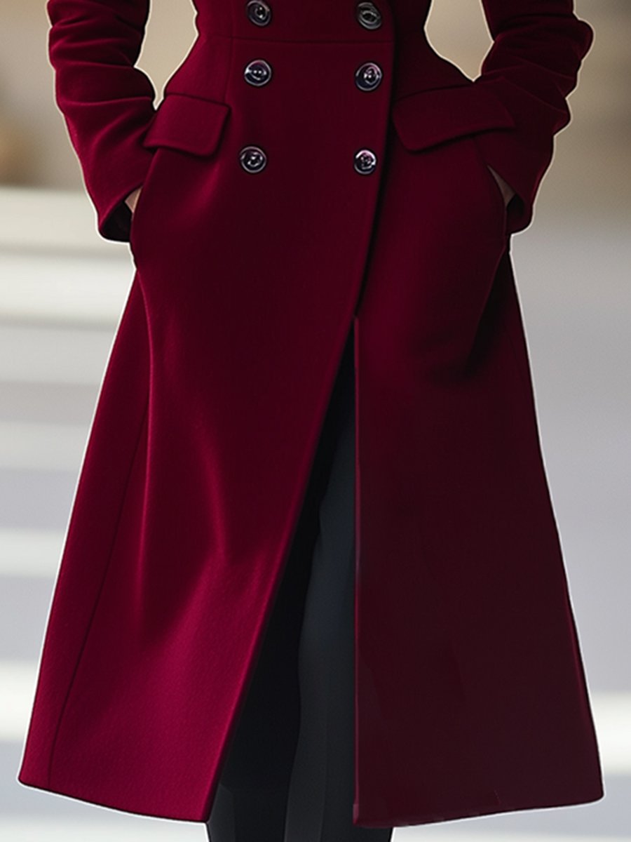 Burgundy Women's Long Wool Coat with Double Buttons and Lapels