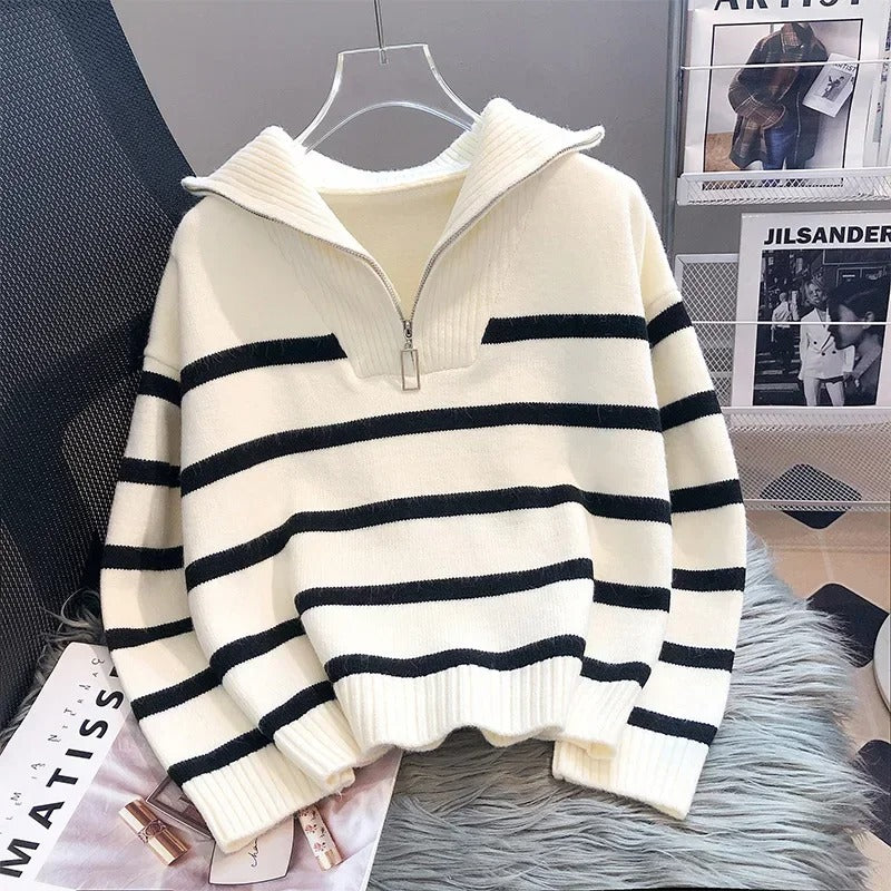 Lauren | Striped Wool Knit Sweater featuring Fold-Down Collar and Zip Closure