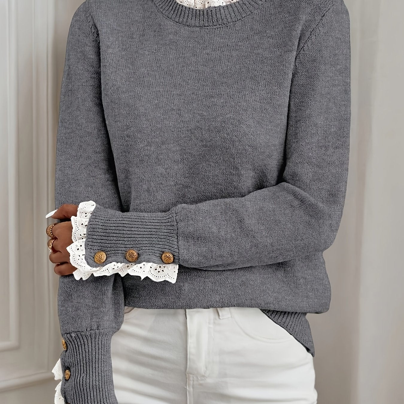 Sophie | Elegant Women's Sweater with Lace Trim and Round Neckline