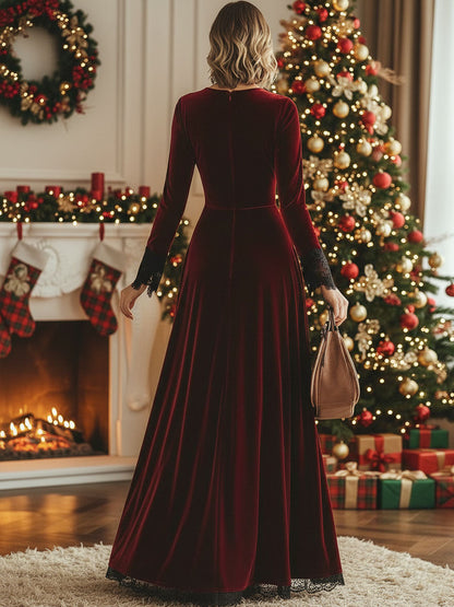 Chic Retro Maxi Dress with Lace Accents and Long Sleeves