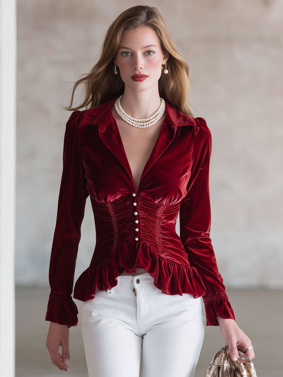 Chic Red Velvet Retro Ruffled Long Sleeve Shirt