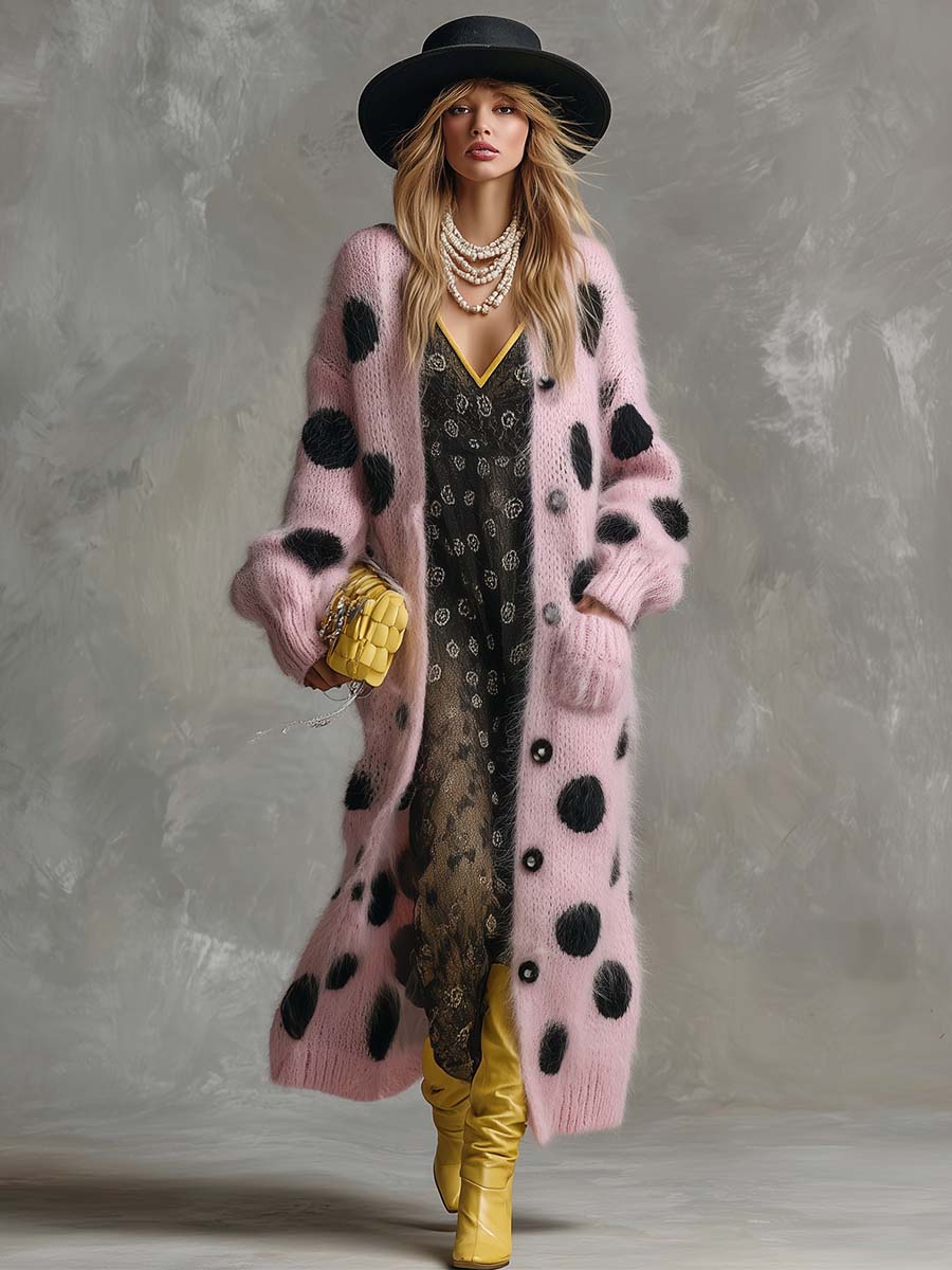 Pink Faux Rabbit Wool Long Sleeve Cardigan with Retro Polka Dot Design