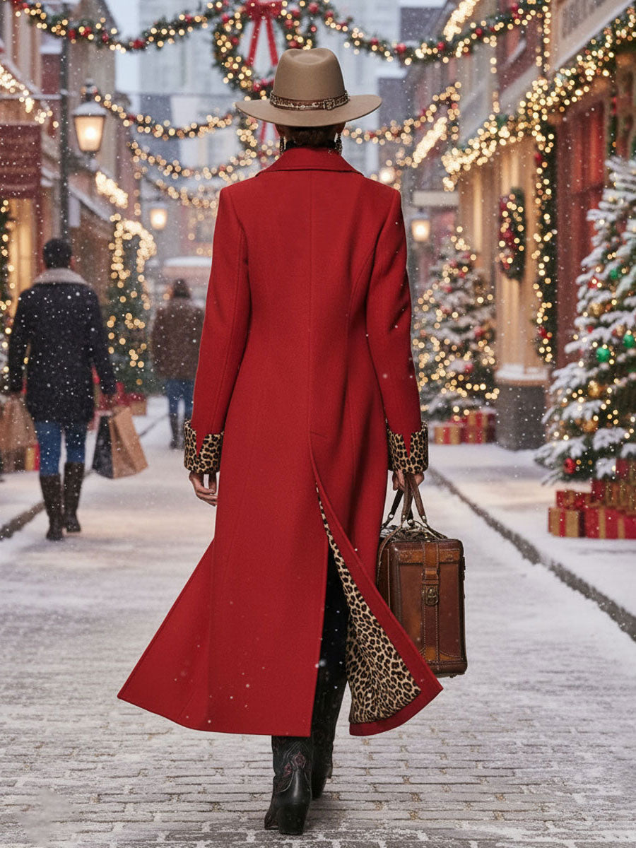 Leopard Print Wool Coat with Lapels - Single-Breasted Design