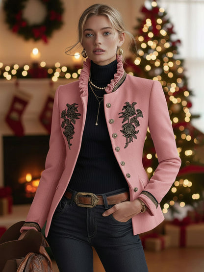 Rose-Embroidered Single-Breasted Wool Jacket with Frilled Stand-Up Collar