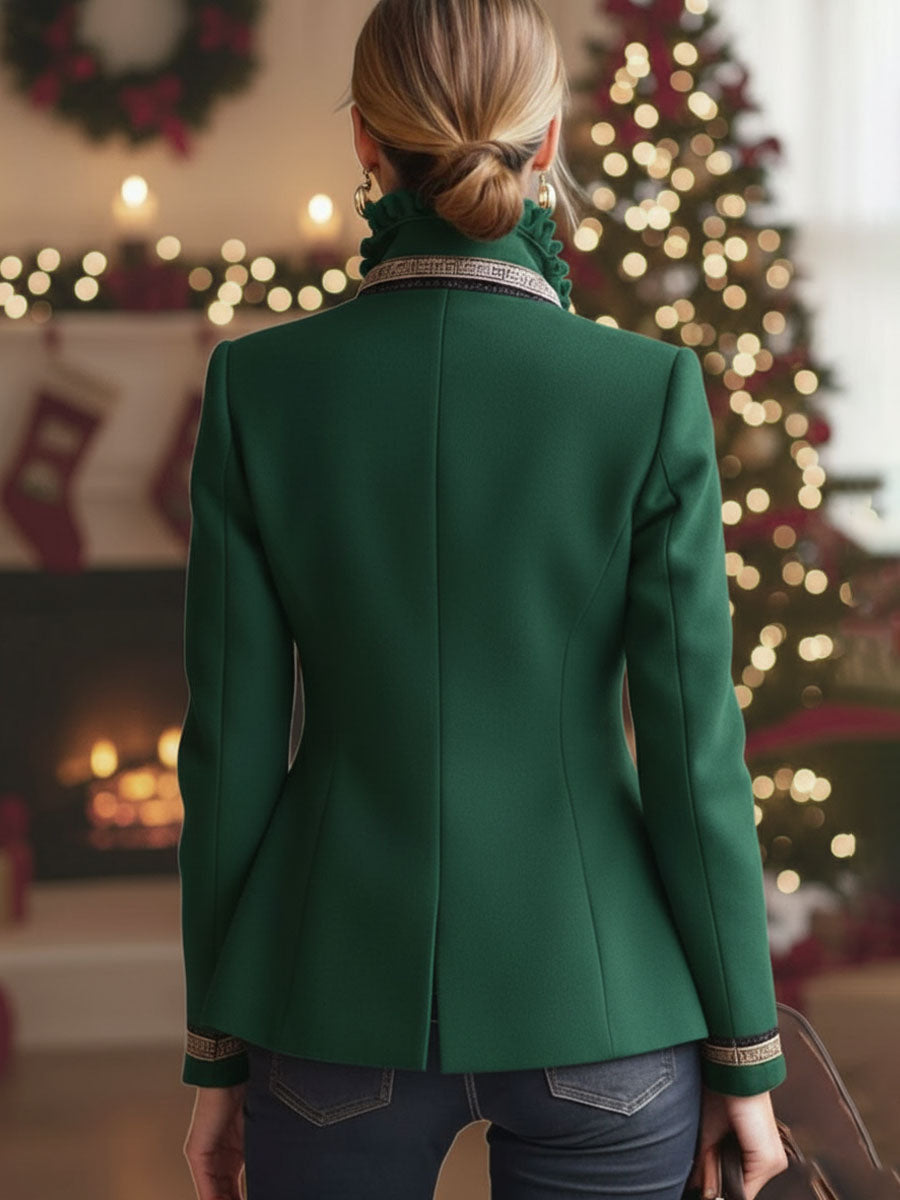 Rose-Embroidered Single-Breasted Wool Jacket with Frilled Stand-Up Collar