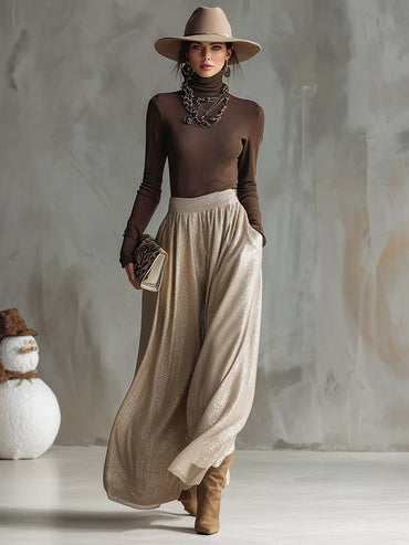 Chic Retro Brown High-Neck Sweater Paired with a Shimmering Silver Skirt