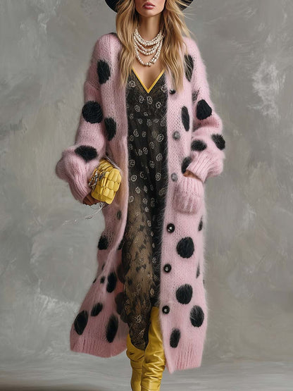Pink Faux Rabbit Wool Long Sleeve Cardigan with Retro Polka Dot Design