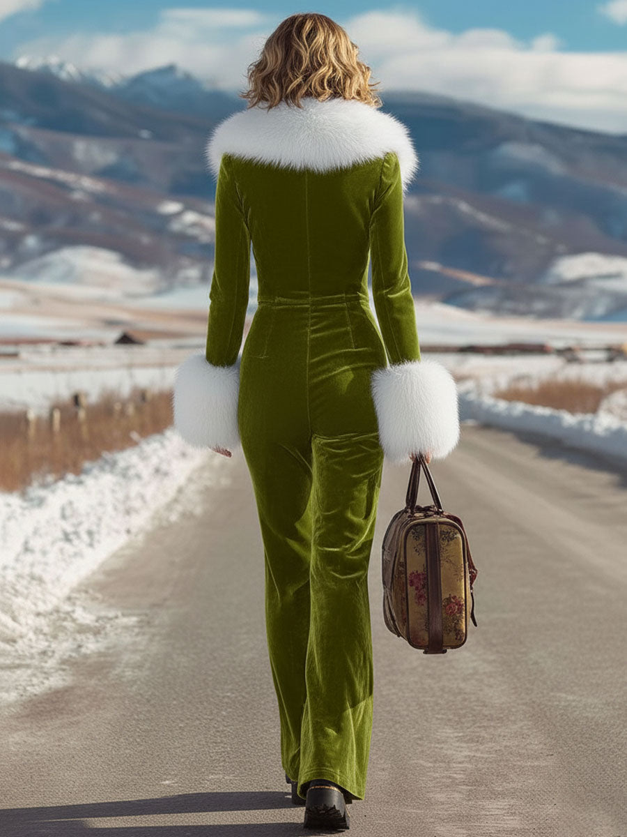 Chic Pink Velvet Jumpsuit with Long Sleeves, Flared Legs, and Trendy Retro Faux Fur Collar