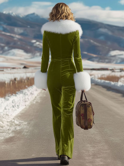 Chic Pink Velvet Jumpsuit with Long Sleeves, Flared Legs, and Trendy Retro Faux Fur Collar