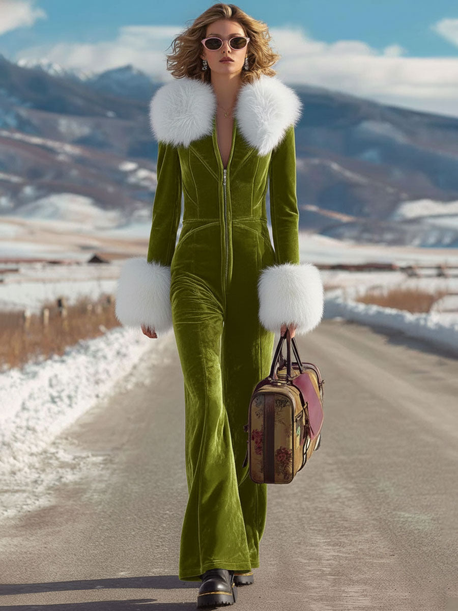 Chic Pink Velvet Jumpsuit with Long Sleeves, Flared Legs, and Trendy Retro Faux Fur Collar