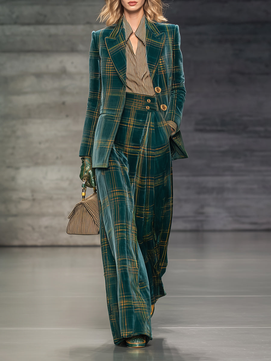 Chic Green Check Velvet Blazer with High-Waisted Wide-Leg Trousers