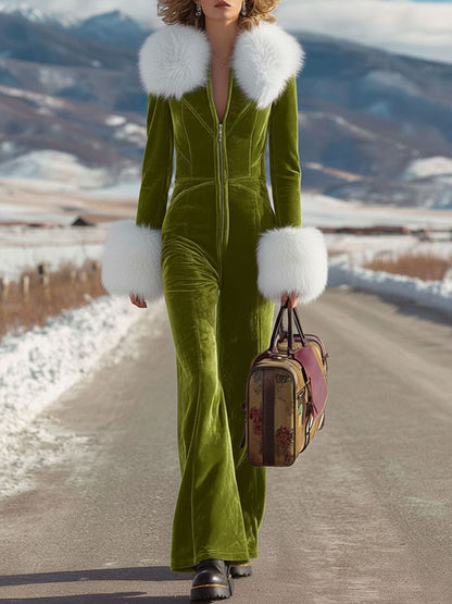 Chic Pink Velvet Jumpsuit with Long Sleeves, Flared Legs, and Trendy Retro Faux Fur Collar