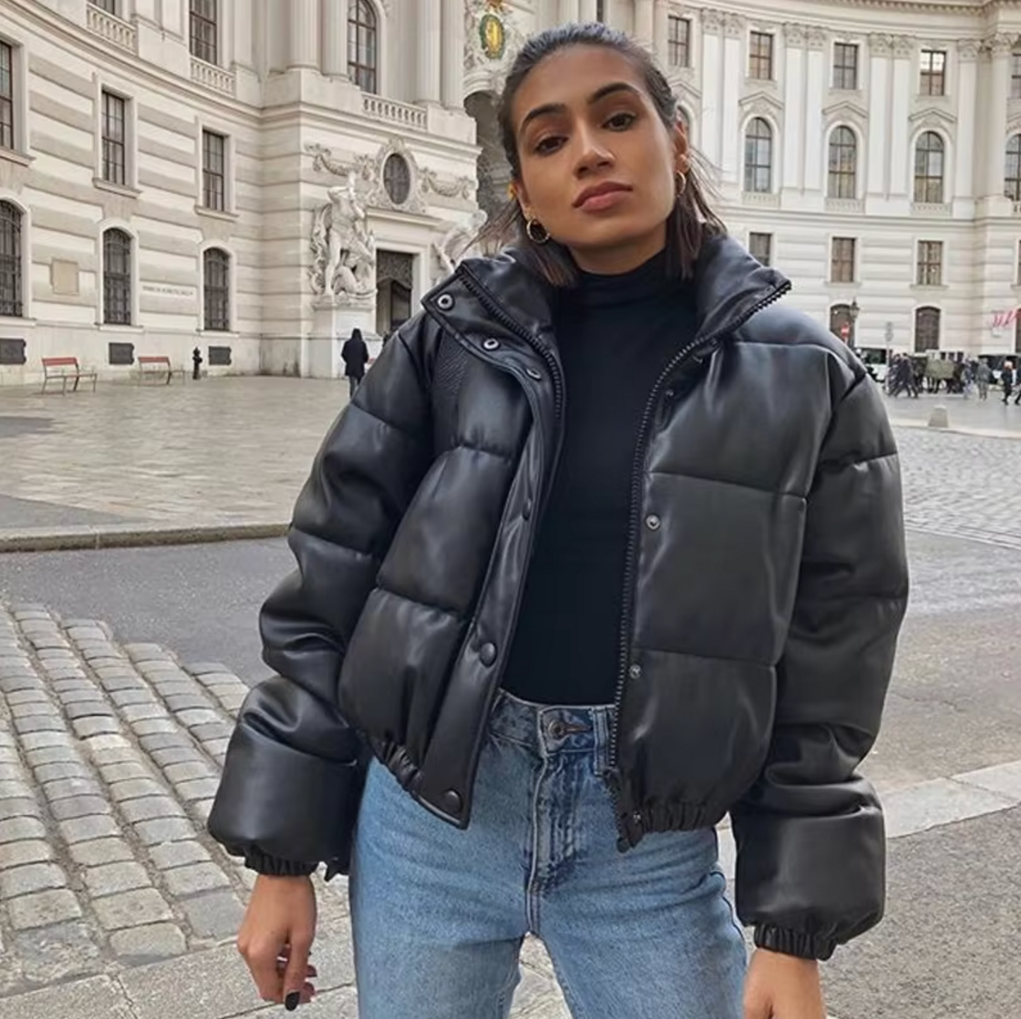 Vegan Leather Short Women's Puffer Jacket